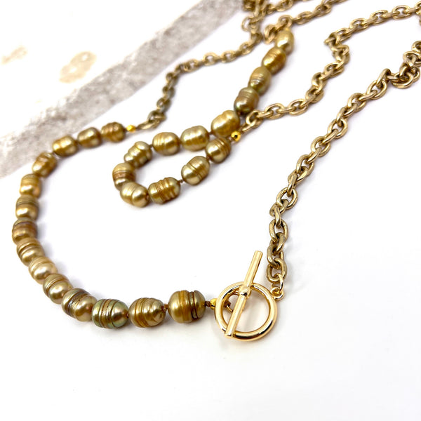 34' Necklace, 14k GP Satin flat cable chain & FW gold electroplate pearls,_alternate view