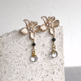 14k gold filled Enamel Flower stud Earrings with Black Pyrite and Crystal Quartz charms.