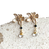 14k gold filled Enamel Flower stud Earrings with Black Pyrite and Crystal Quartz charms.