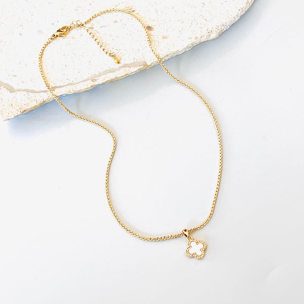 Gold filled chain with Mother of Pearl and Cubic Zirconia Clover pendant