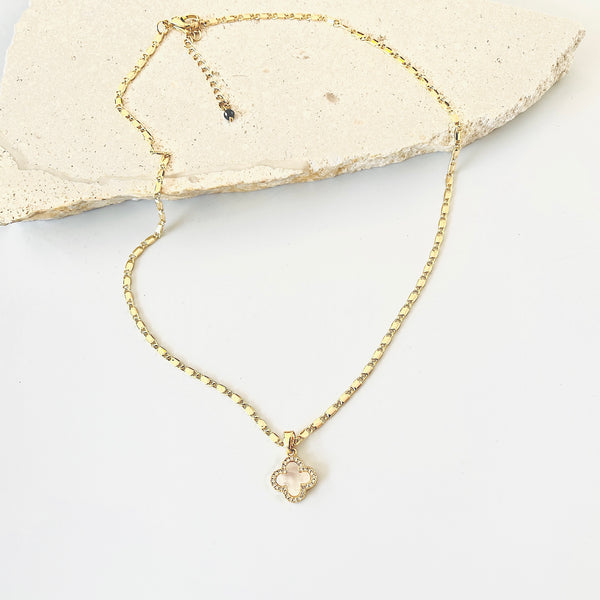 Gold Filled Flat Link Chain with MOP & CZ Clover  pendant