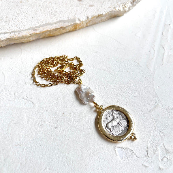 Zeus Coin 1 Necklace with 20mm white Keshi pearl_Horse on backside of coin