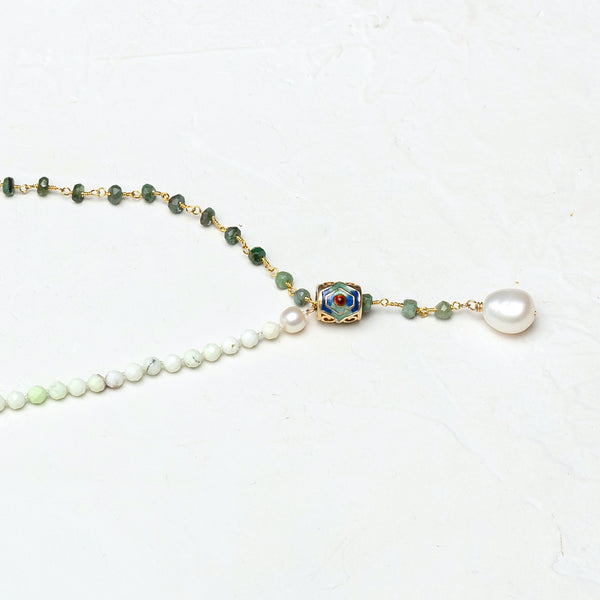 Raw Emerald & Peruvian Opal Necklace with an Enamel Barrel bead and Teardrop Pearl