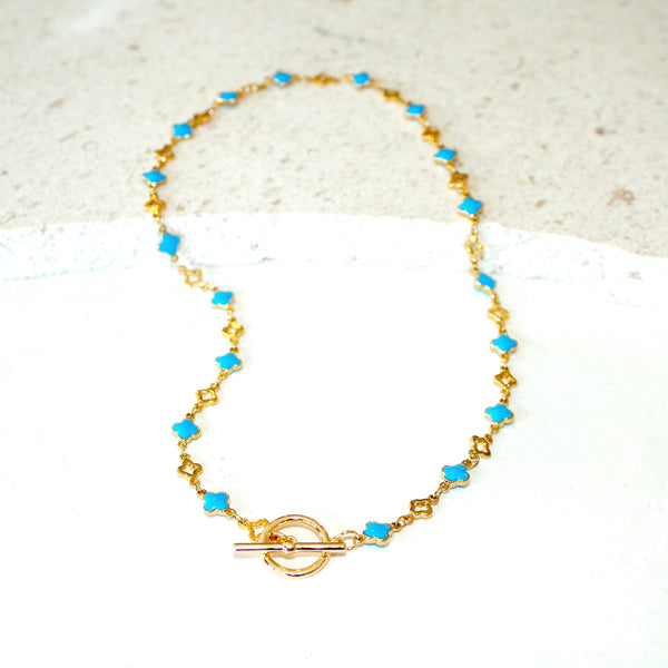 24k Electroplate & Enamel Clover Chain Necklace_Turquoise