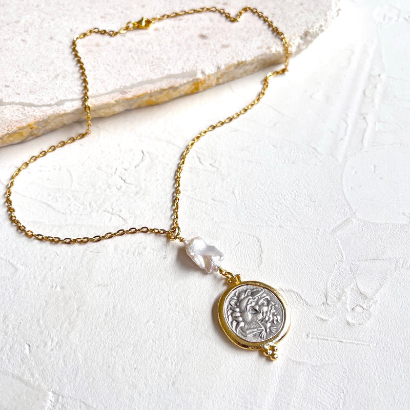 Zeus Coin 1 Necklace with 20mm white Keshi pearl