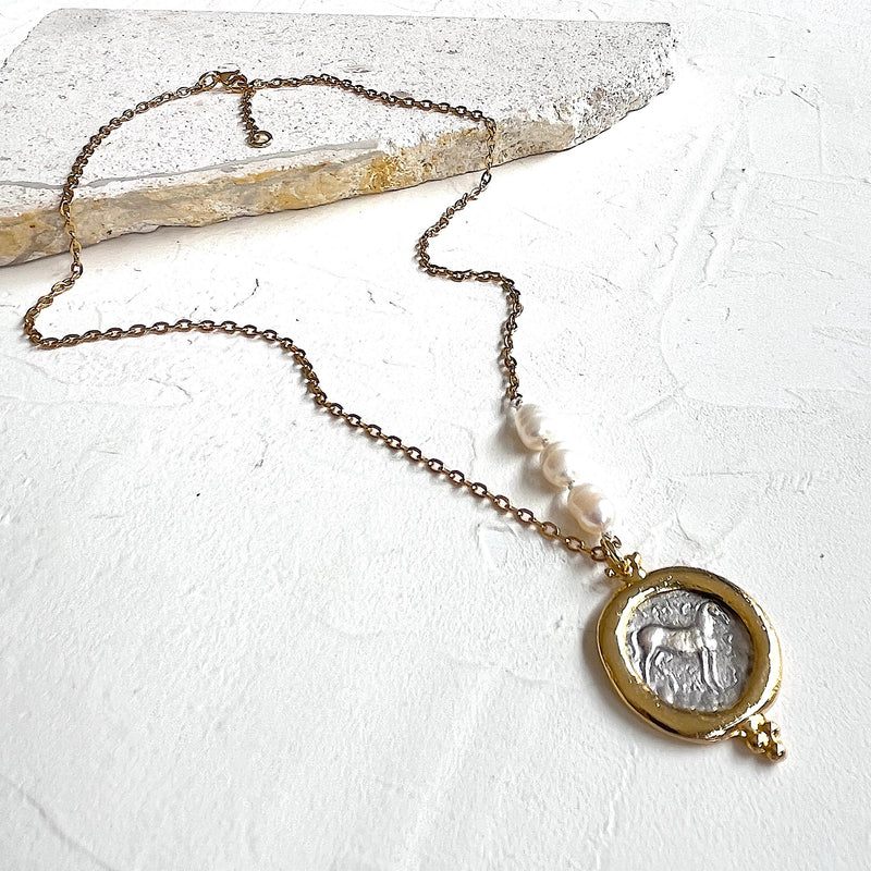 Zeus Coin 2 chain necklace with 3 pearl detail_backside of coin