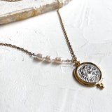 Zeus Coin 2 chain necklace with 3 pearl detail_closer look