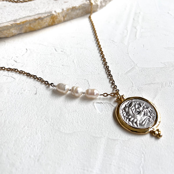 Zeus Coin 2 chain necklace with 3 pearl detail_closer look