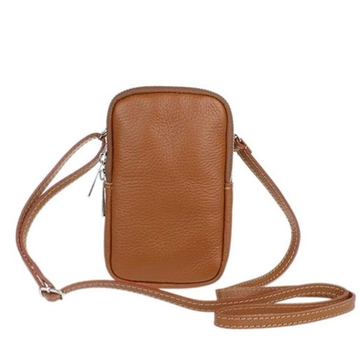 Tan_ tumbled leather crossbody phone bag