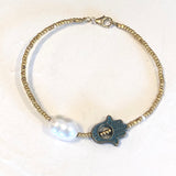 Hamsa Patina Bracelet with Fresh water pearl on gold wire