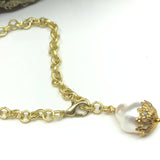 Closer look Satin gold dimpled chain bracelet with big Baroque Chick Pearl dangle