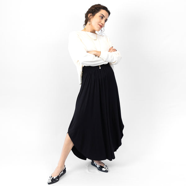 Model wearing organic cotton top with Bamboo Maxi skirt