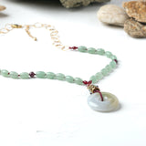 Gold filled Necklace with vermeil enamel Barrel bead and Natural Burma Jade Donut 
