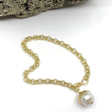 Satin gold dimpled chain bracelet with big Boulder Pearl dangle