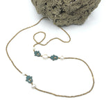Hand Knotted Necklace with Gold Charlotte Beads, Hamsa Patina and Fresh water pearls