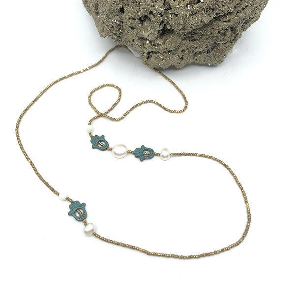 Hand Knotted Necklace with Gold Charlotte Beads, Hamsa Patina and Fresh water pearls