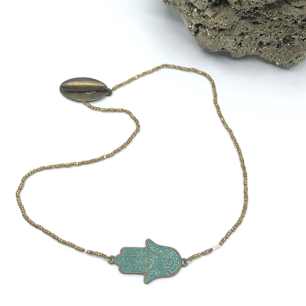Hamsa Patina with Gold Charlotte Beads, Necklace