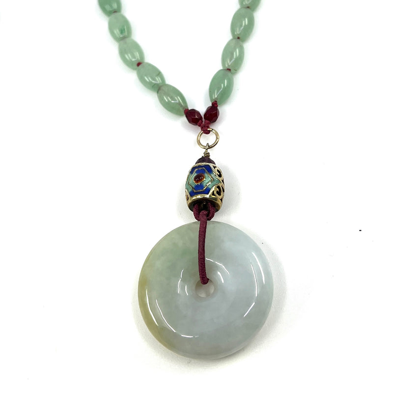 Gold filled Necklace with vermeil enamel Barrel bead and Natural Burma Jade Donut _closer look