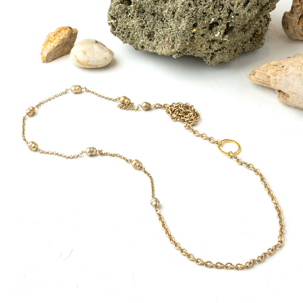 Jade Chain Necklace with gold pearls