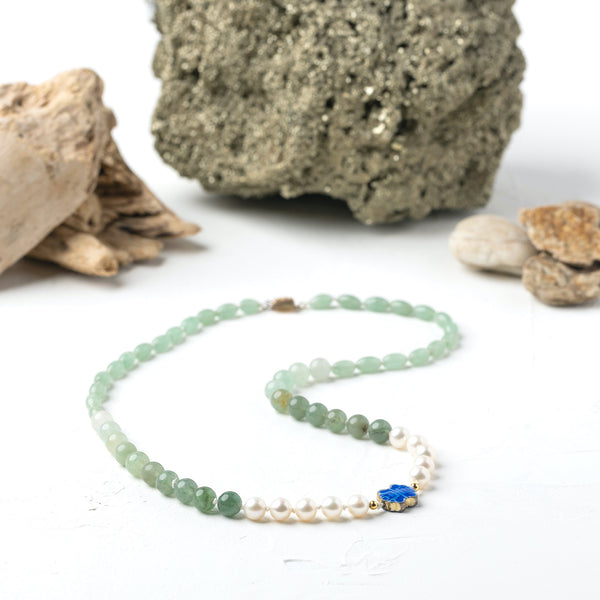 Necklace with vintage blue enamel lotus bead, white pearls & graded green Jade