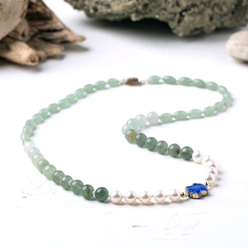 Necklace with vintage blue enamel lotus bead, white pearls & graded green Jade