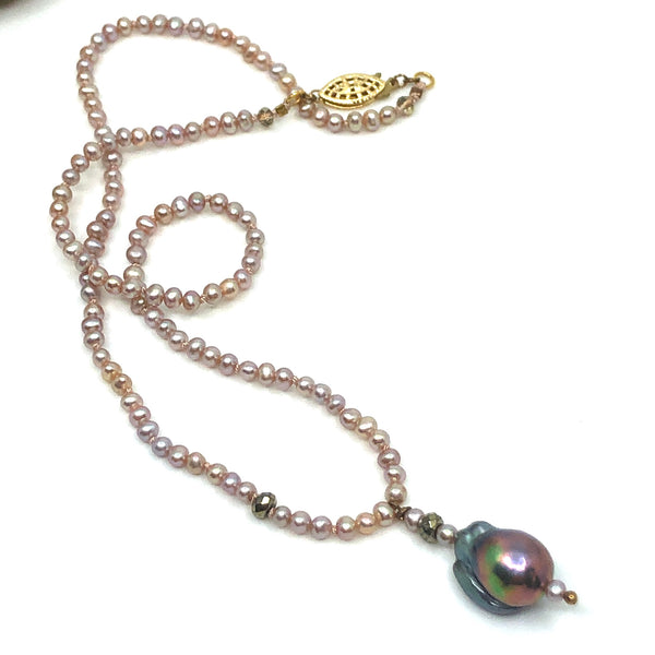Pink Champagne pearl necklace with baroque pendant