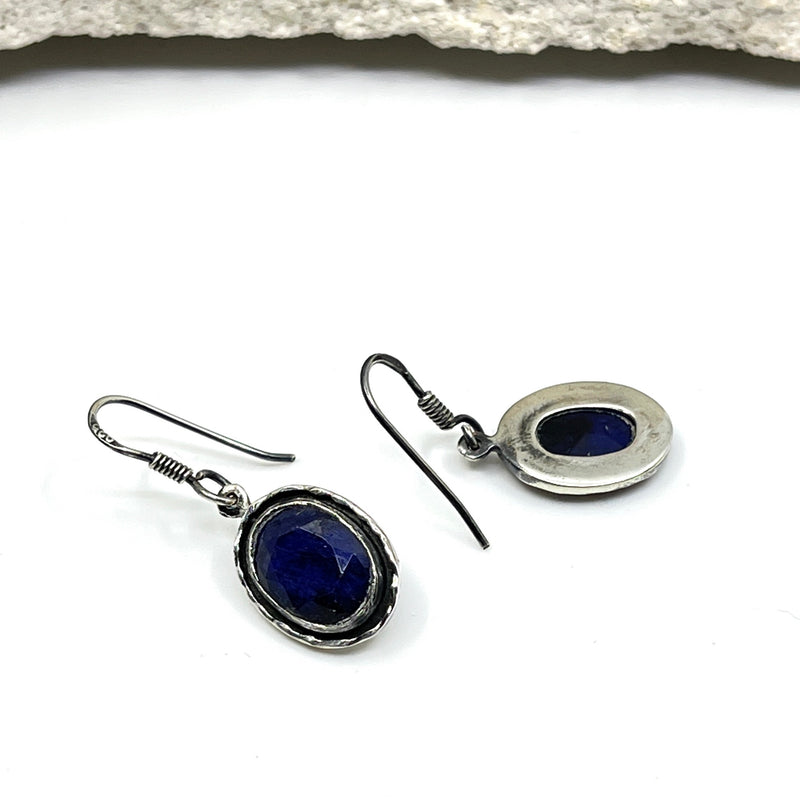 Raw Sapphire Earrings. Sterling silver bezel_back view