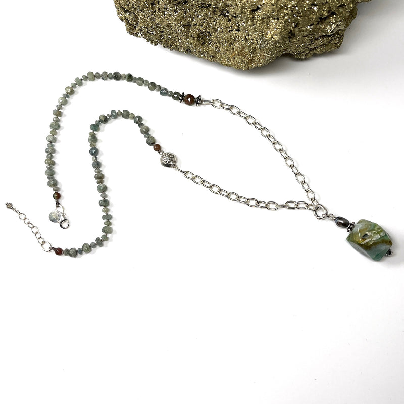 SS Necklace with Moss Aquamarine, Green Quartz
