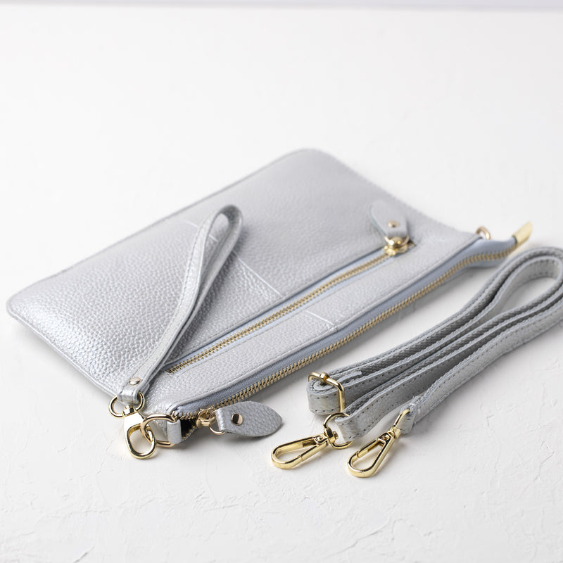 Crossbody Clutch_silver tumbled leather