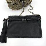 Tumbled Leather Tassel Belt  with Pouch_Black Licorice/nickel hardware_back view